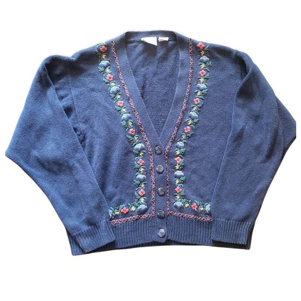Vintage 90s Cardigan Sweater Women's Medium Blue Embroidered Floral Cottage